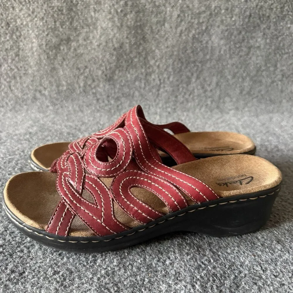 Clarks Bendables Red Leather Cutout Scroll Slide Sandals Women Size 9.5 M